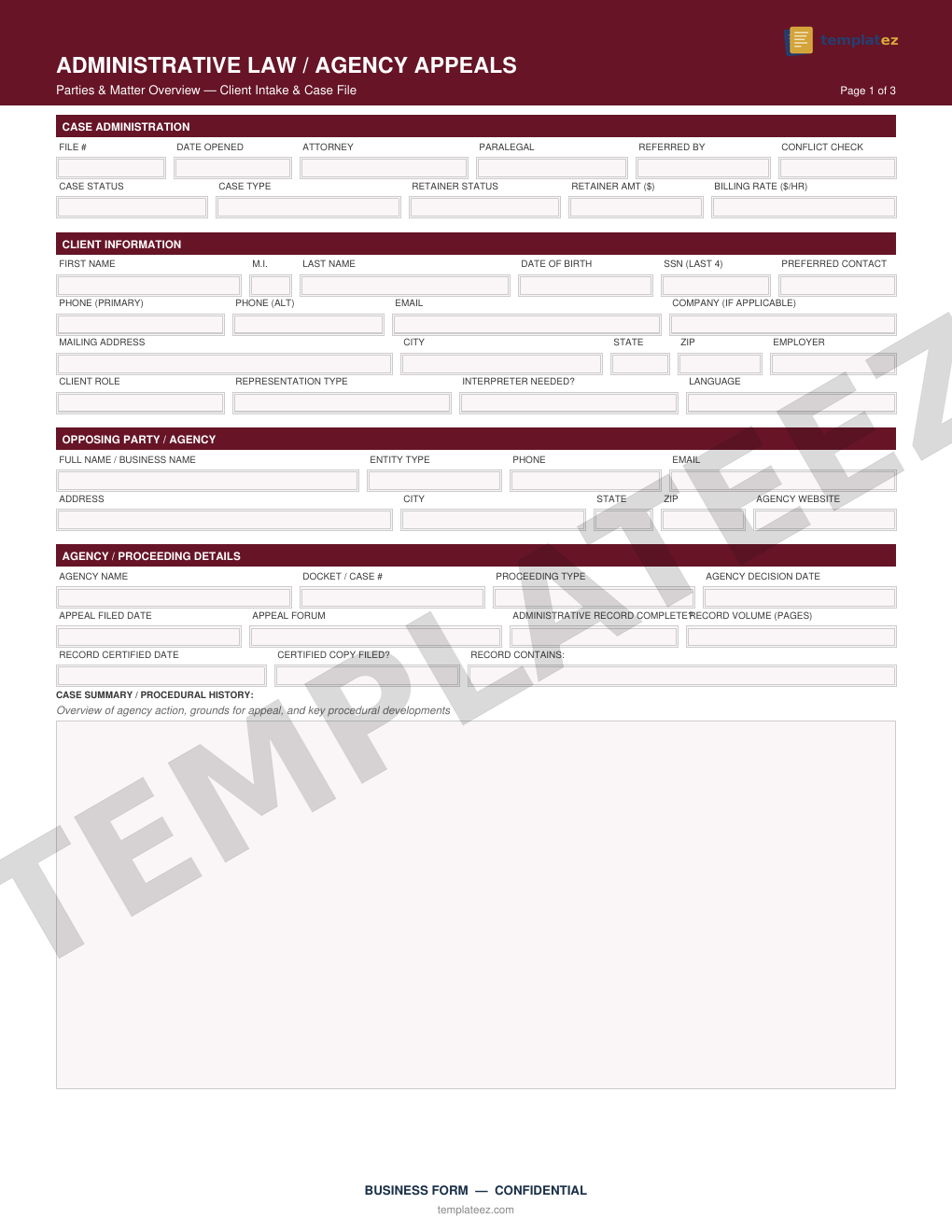 Administrative Law - Agency Appeals intake form preview