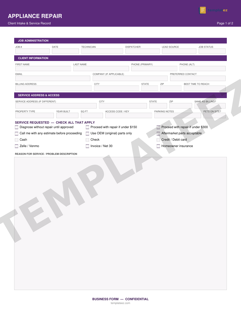 Appliance Repair intake form preview