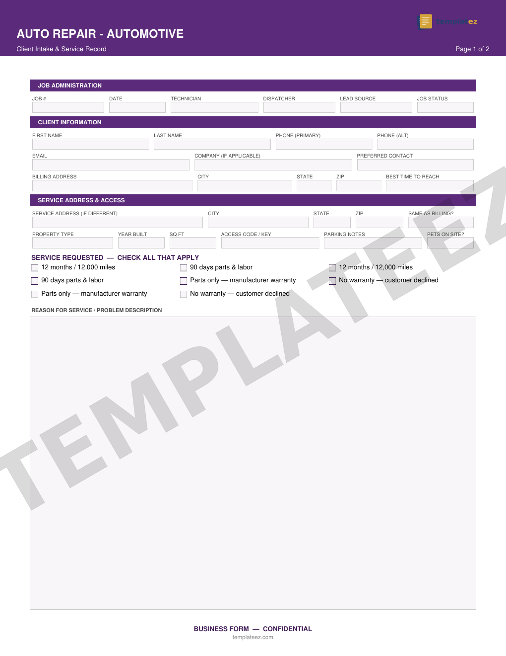 Auto Repair - Automotive intake form preview