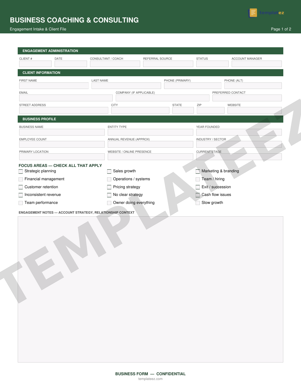 Business Coaching & Consulting intake form preview