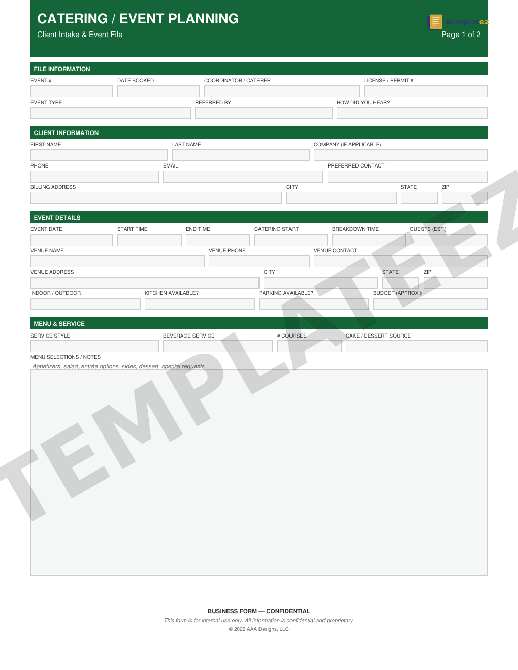 Catering - Event Planning intake form preview