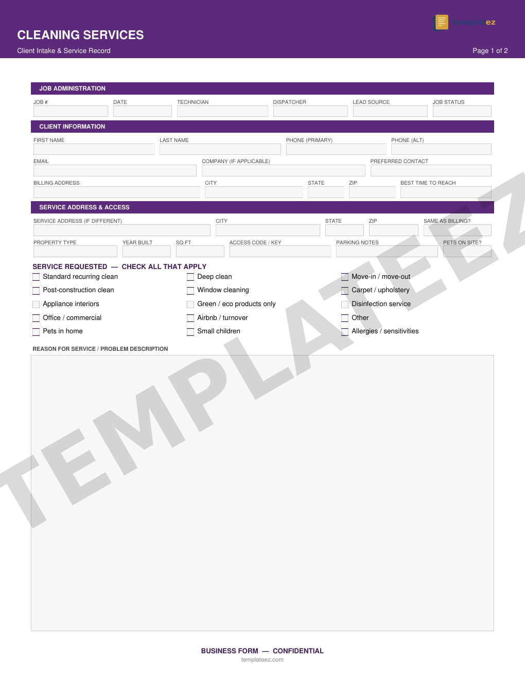 Cleaning Services intake form preview