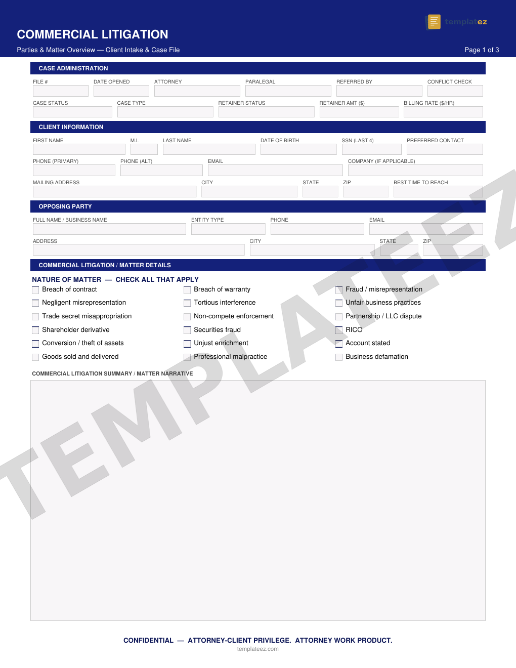 Commercial Litigation intake form preview