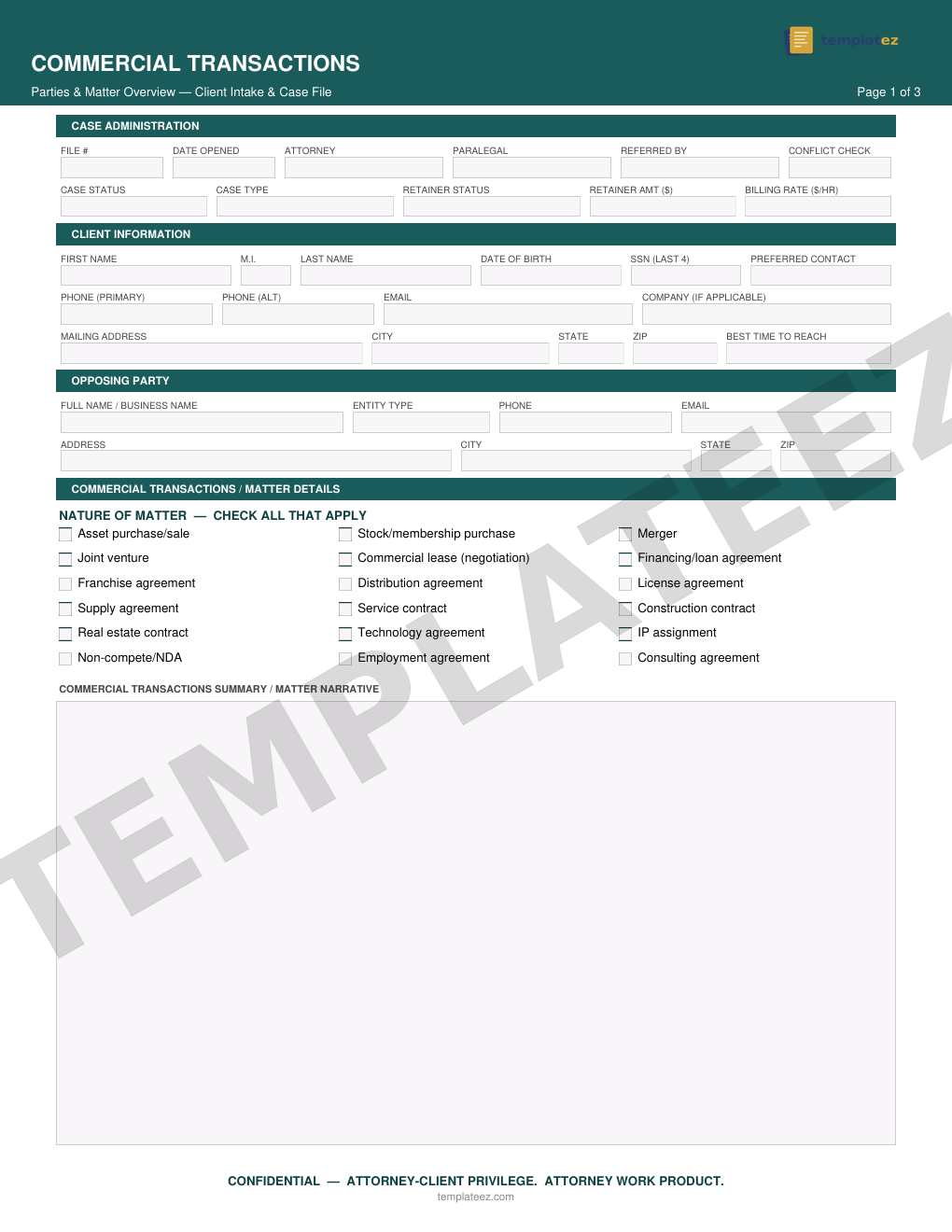 Commercial Transactions intake form preview