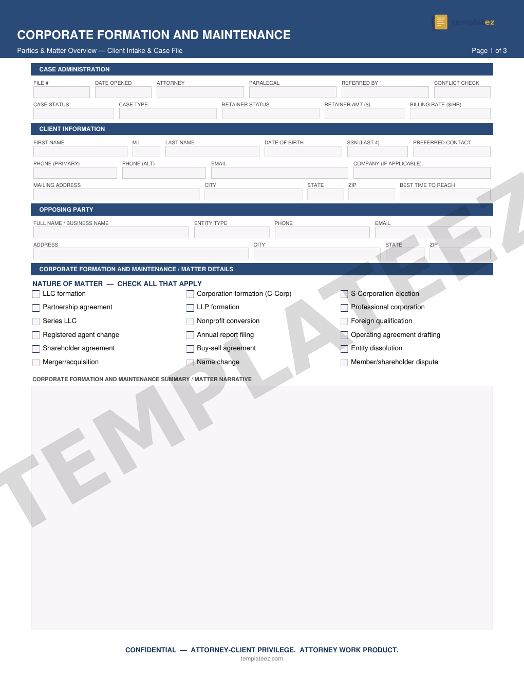 Corporate Formation & Maintenance intake form preview