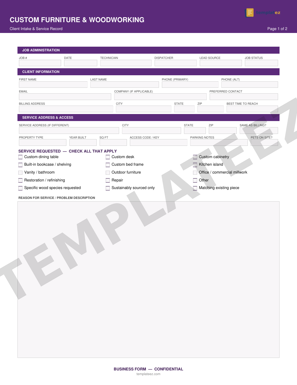 Custom Furniture & Woodworking intake form preview