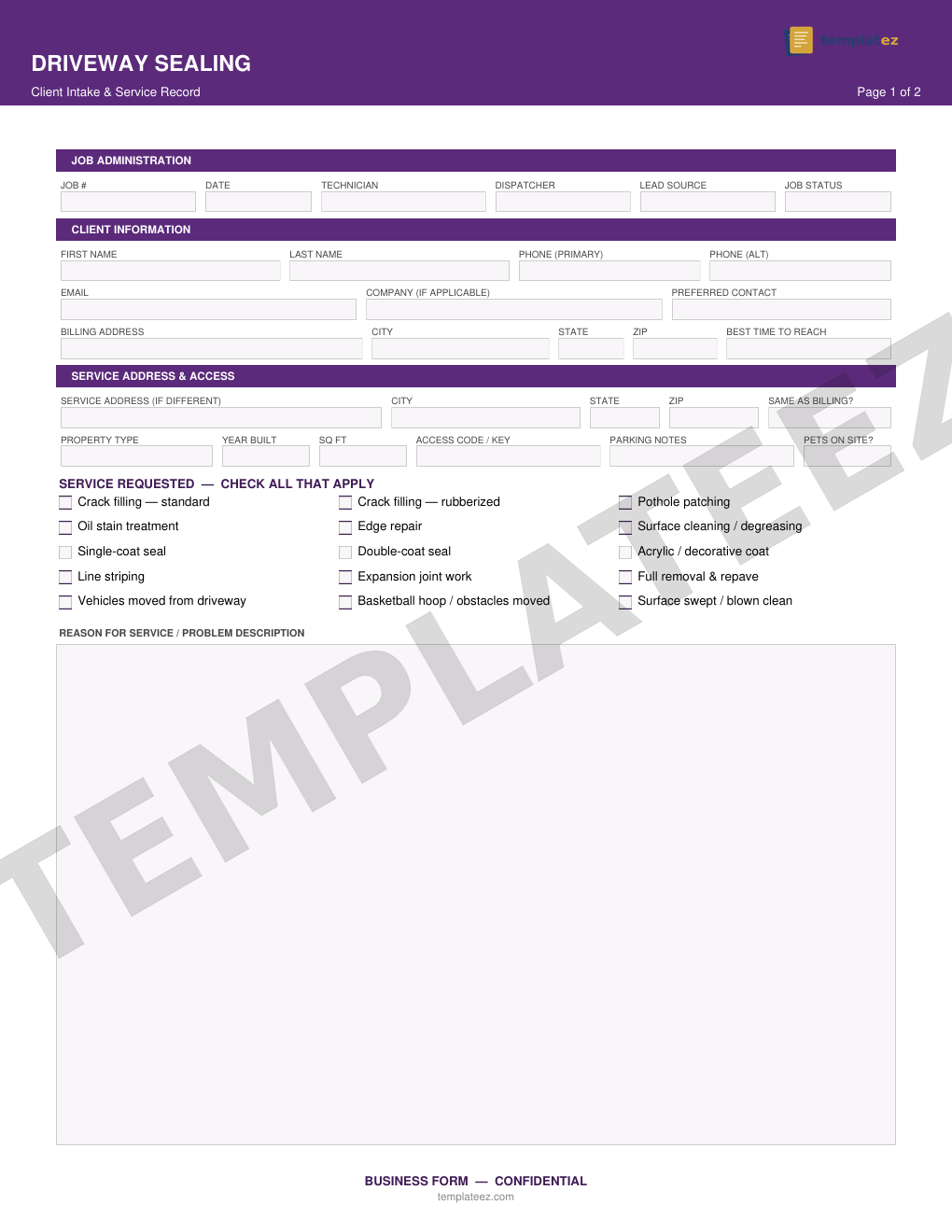 Driveway Sealing intake form preview