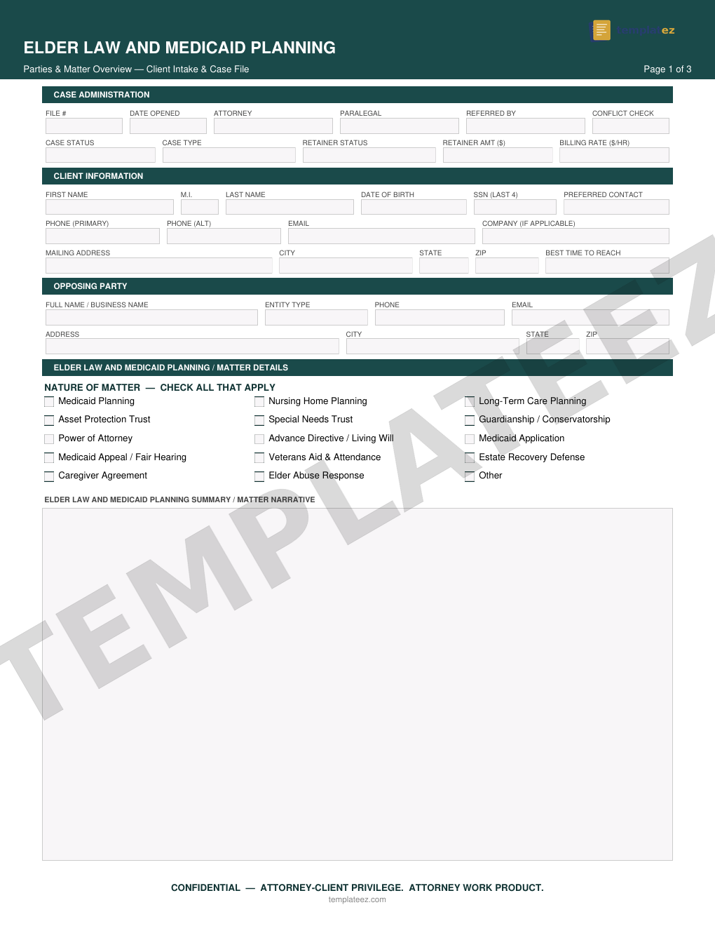 Elder Law & Medicaid Planning intake form preview