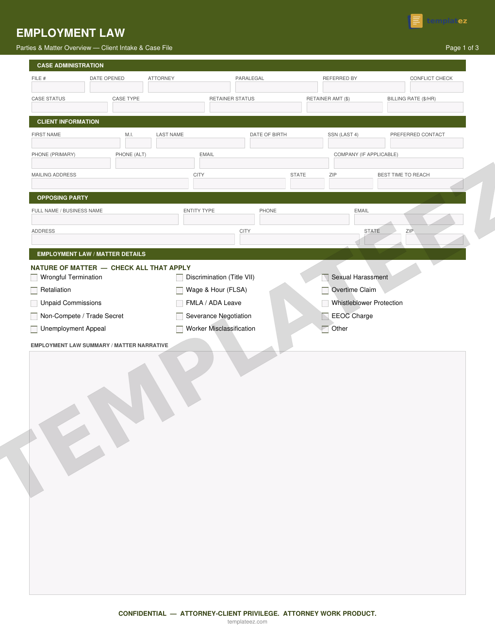 Employment Law intake form preview
