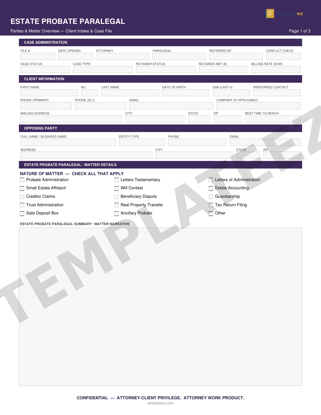 Estate Probate Paralegal intake form preview