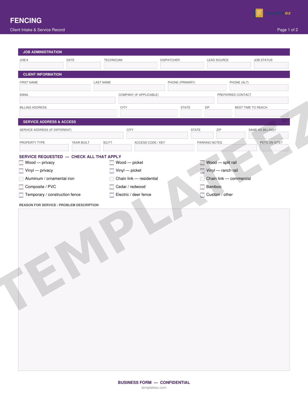 Fencing intake form preview