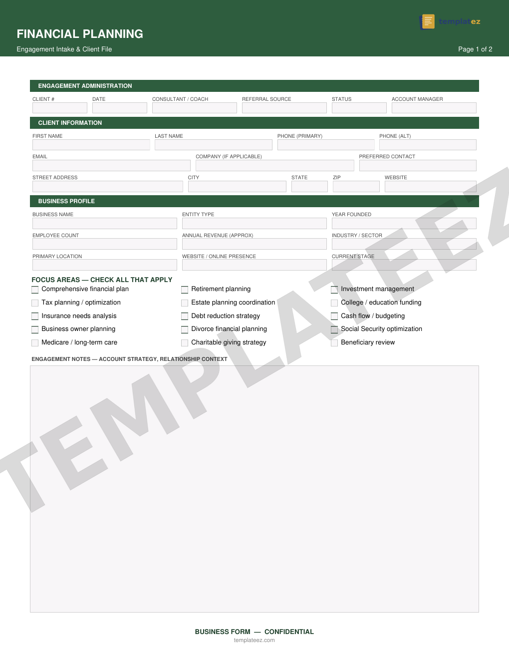 Financial Planning intake form preview