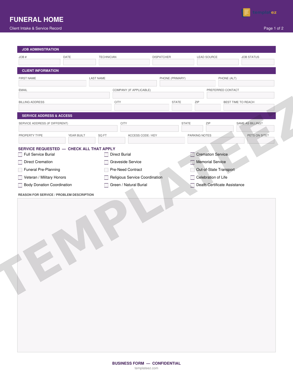 Funeral Home intake form preview