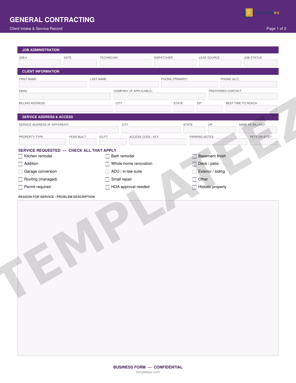 General Contracting intake form preview