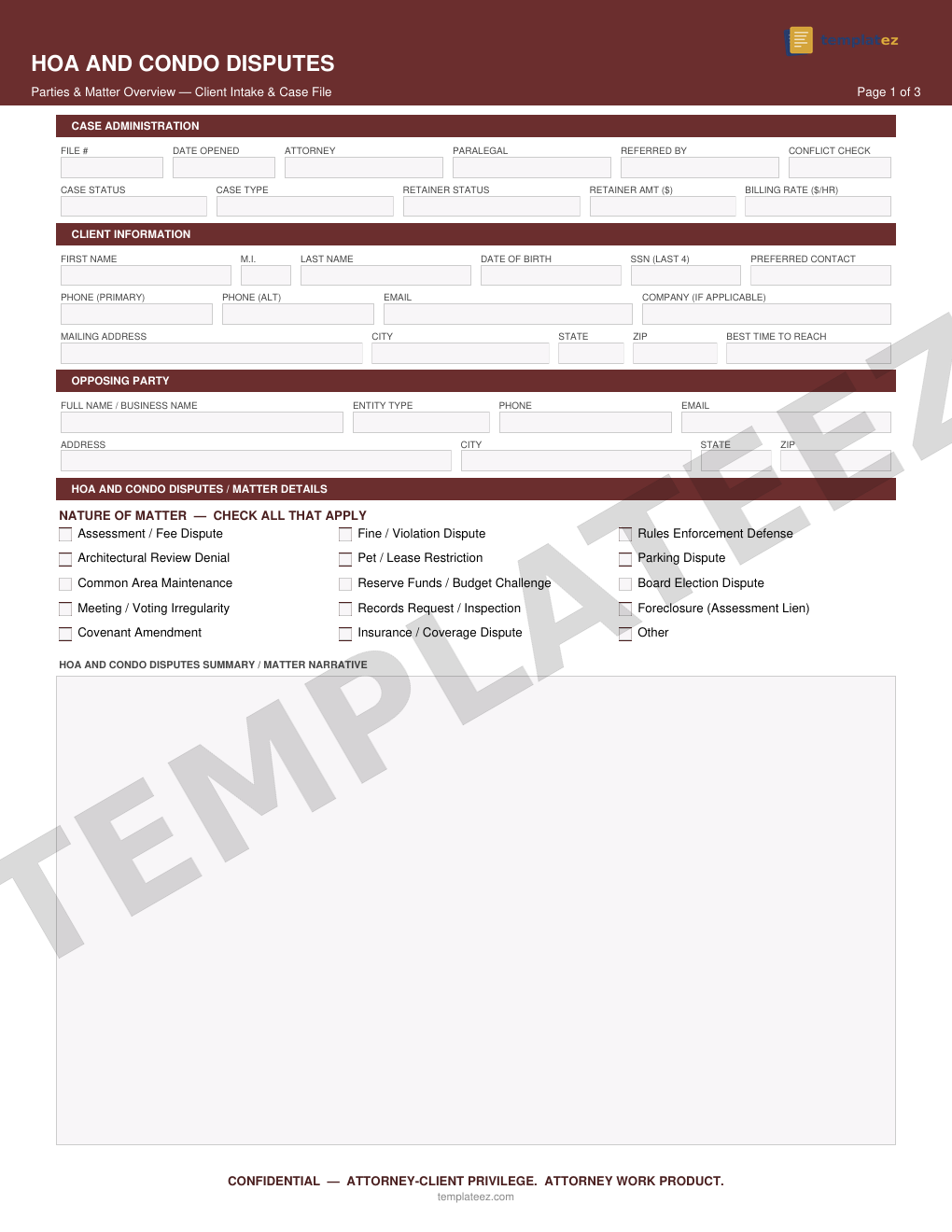 HOA & Condo Disputes intake form preview