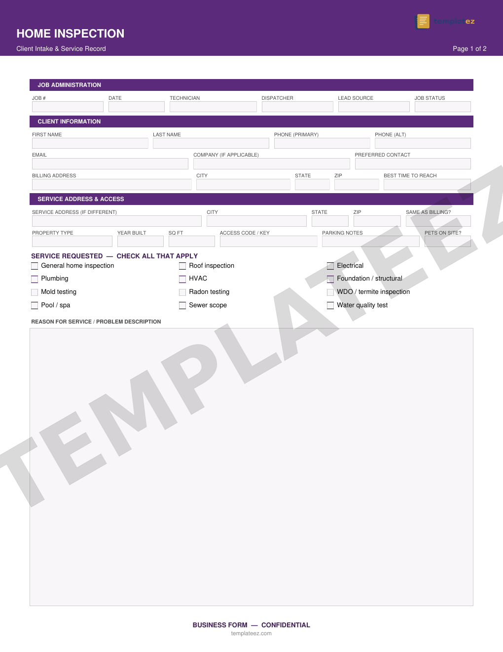 Home Inspection intake form preview