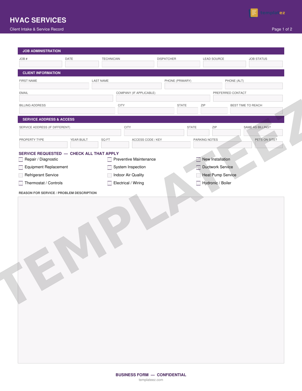 HVAC Services intake form preview