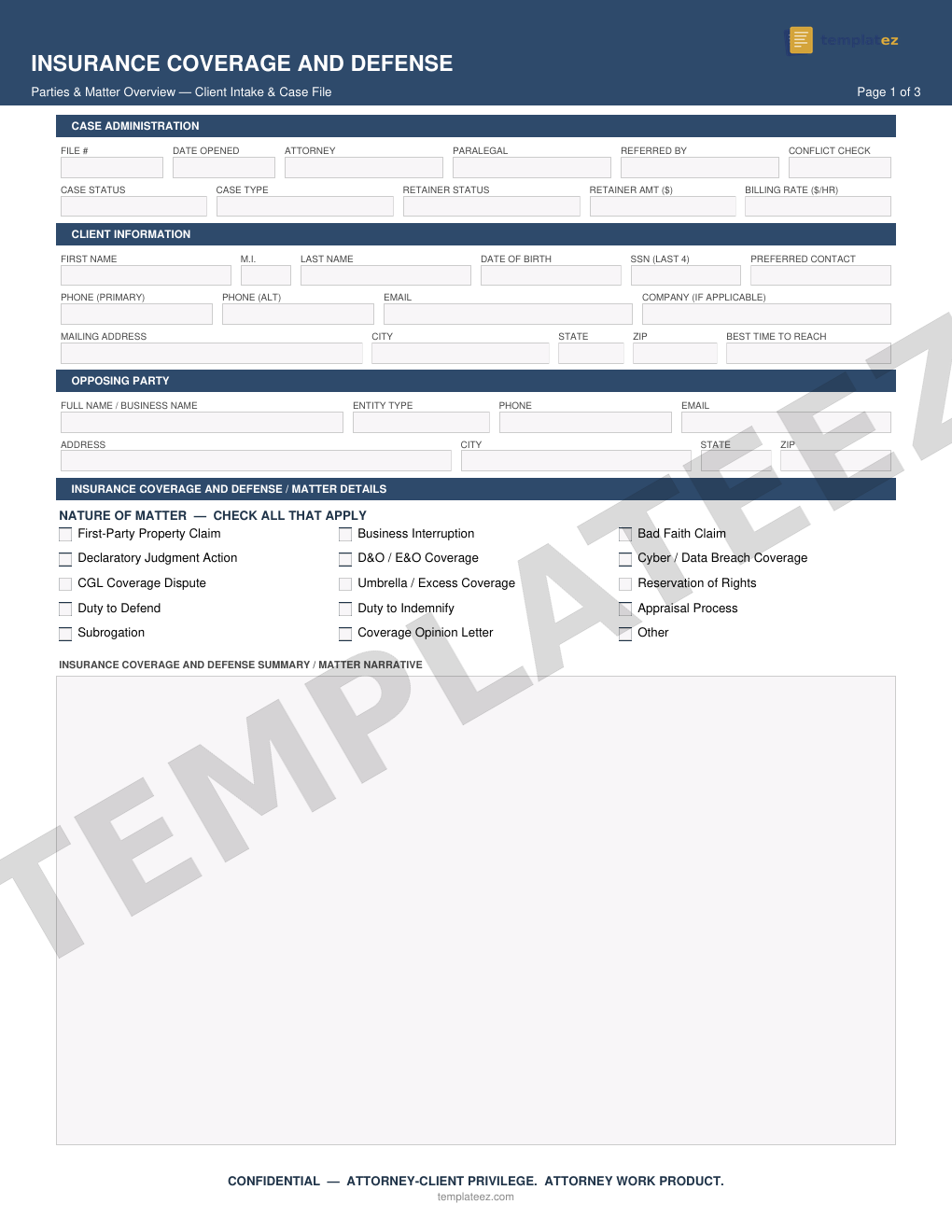 Insurance Coverage & Defense intake form preview