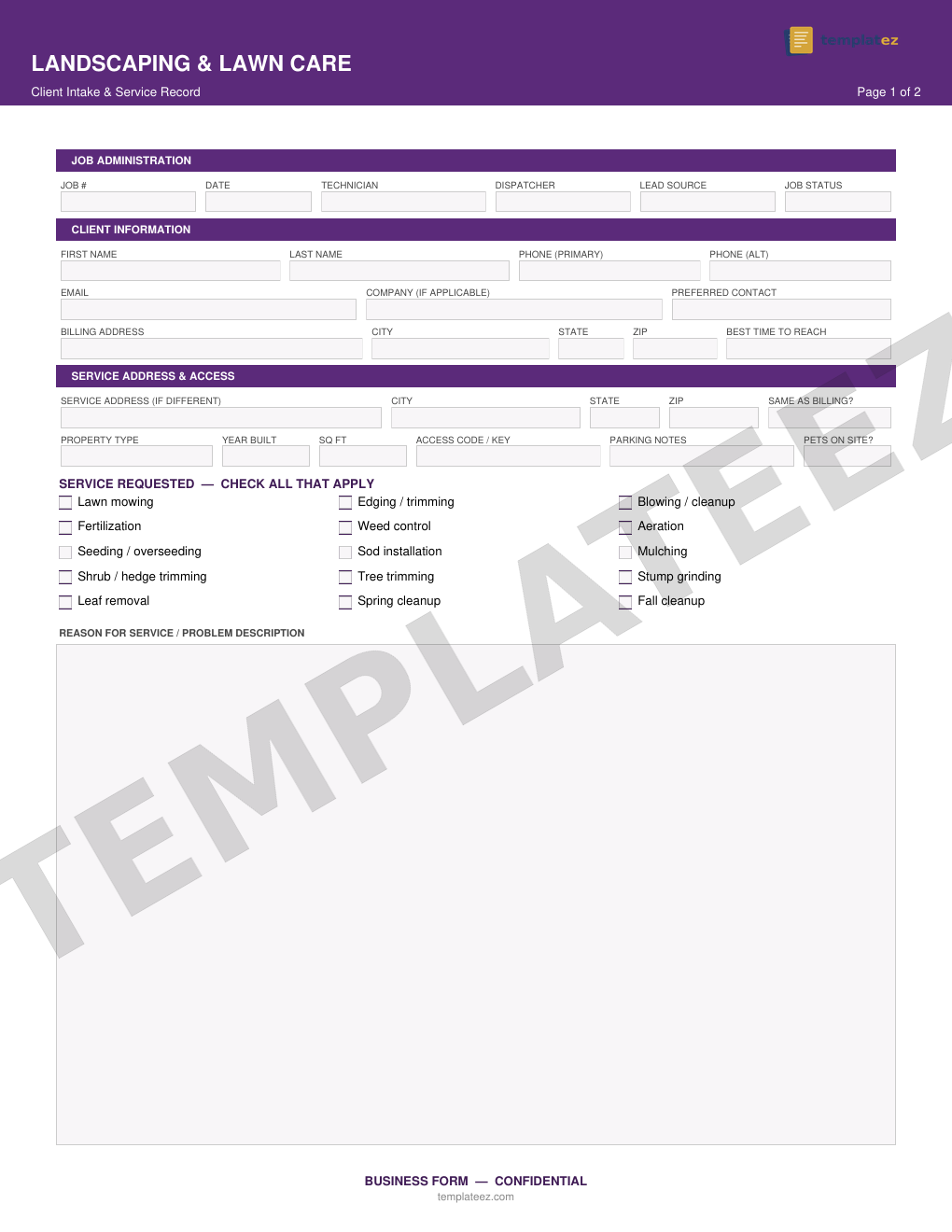 Landscaping & Lawn Care intake form preview