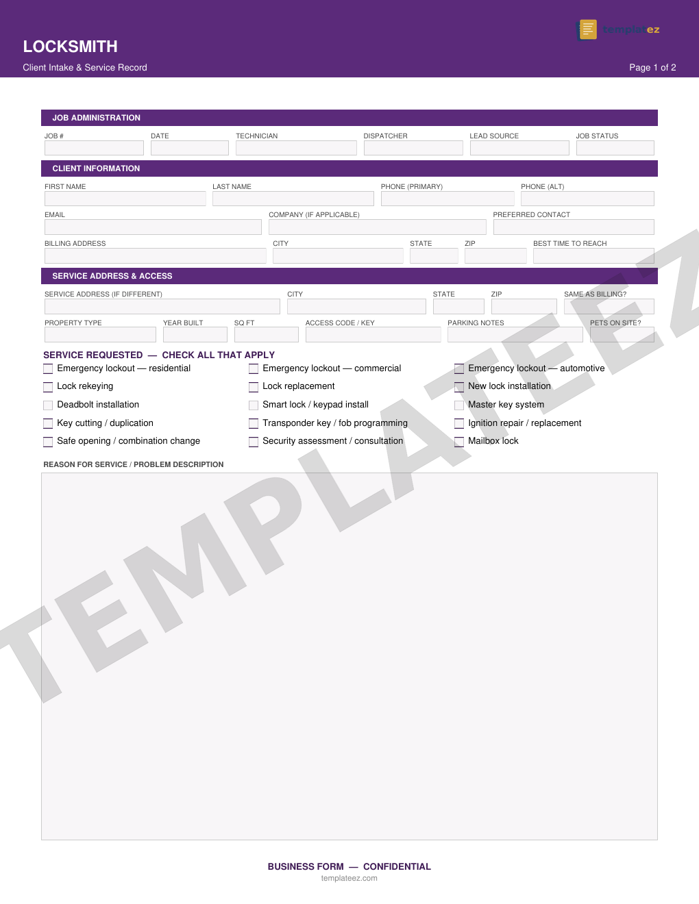Locksmith intake form preview