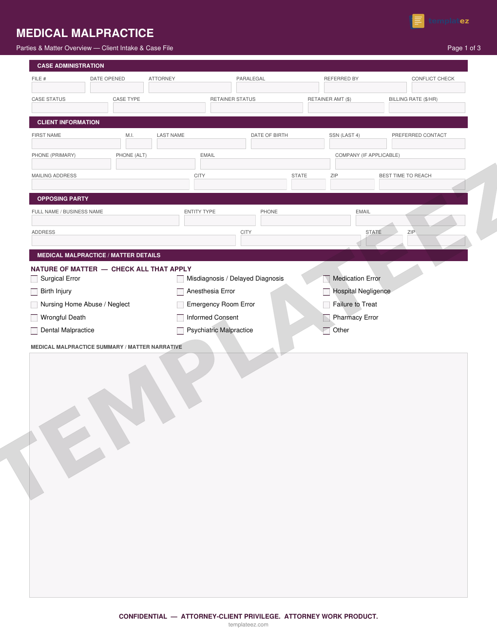 Medical Malpractice intake form preview