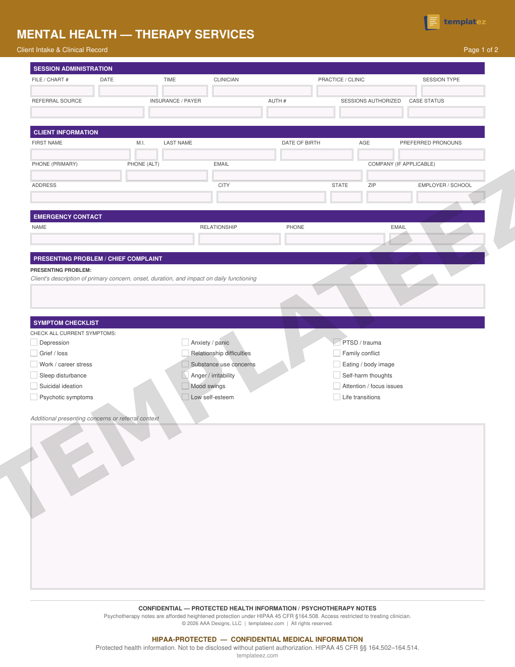 Mental Health Therapy intake form preview
