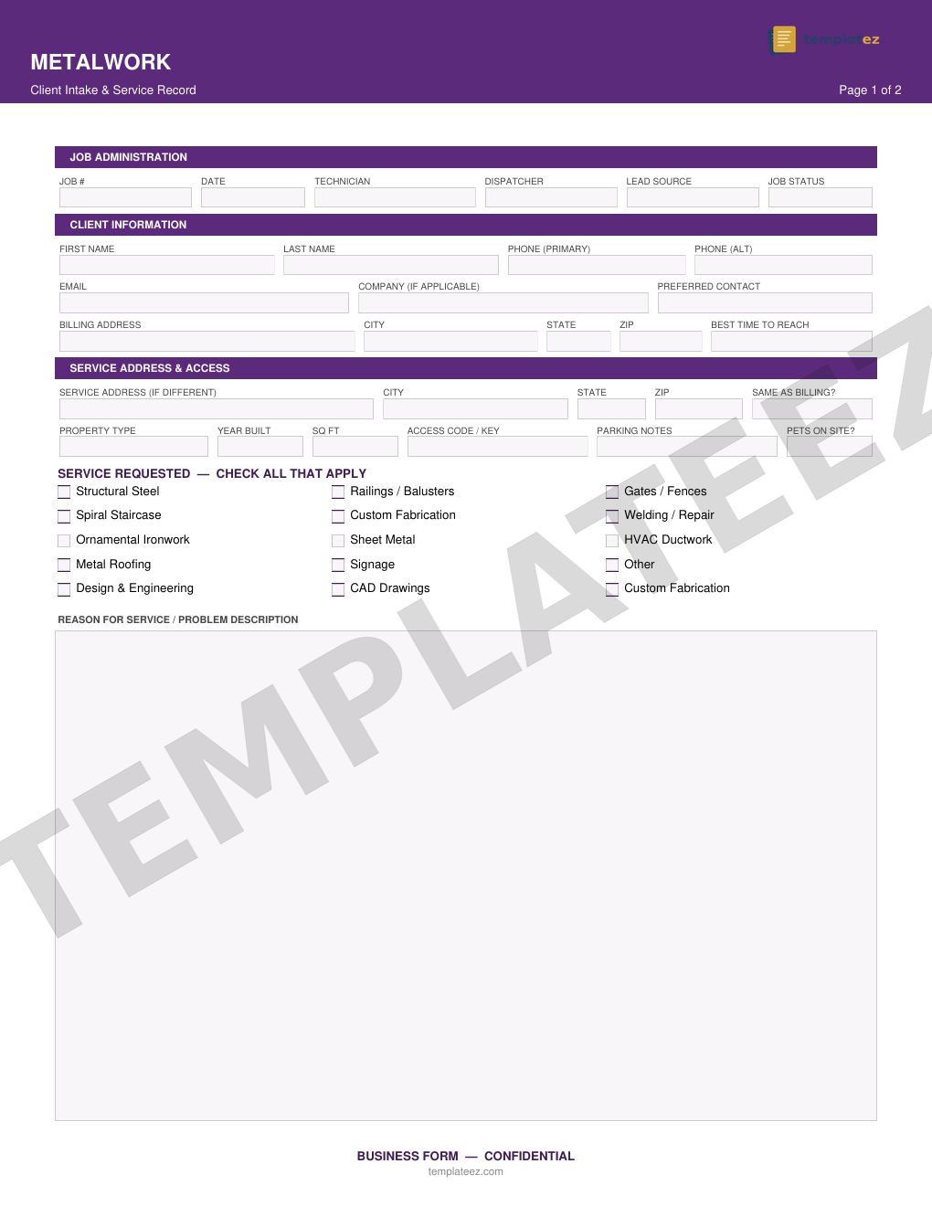 Metalwork intake form preview