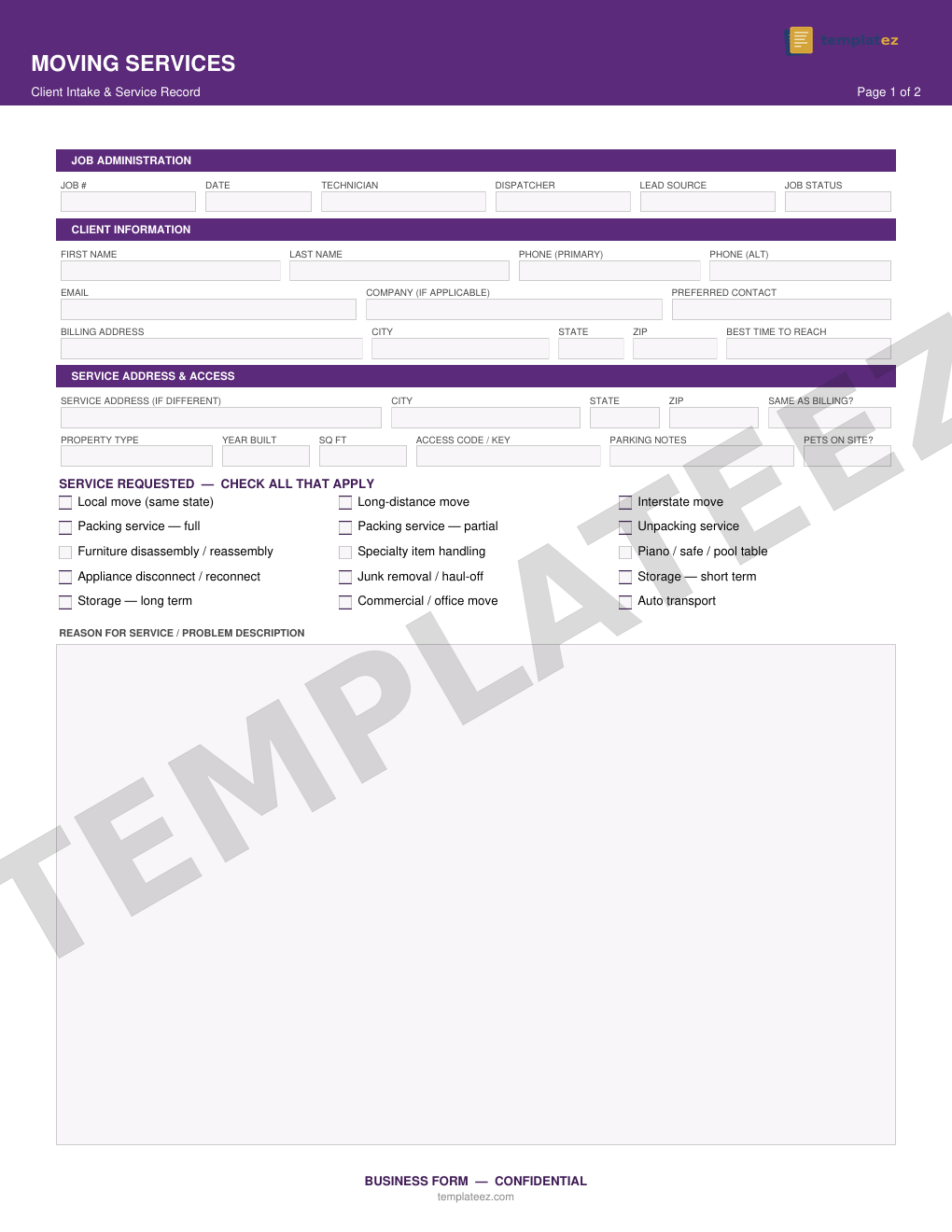 Moving Services intake form preview