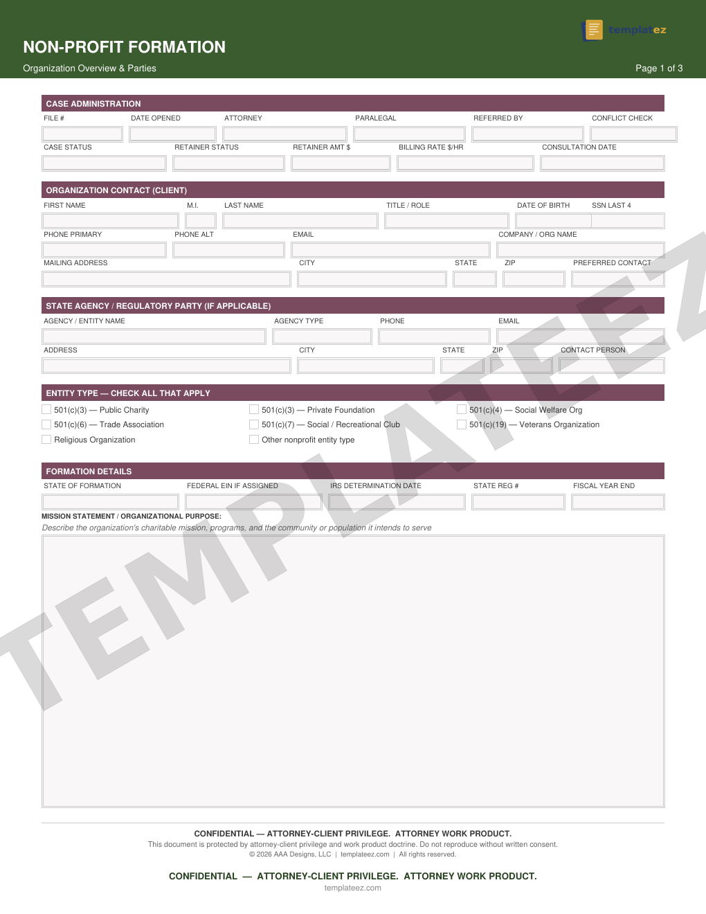 Non-Profit Formation intake form preview