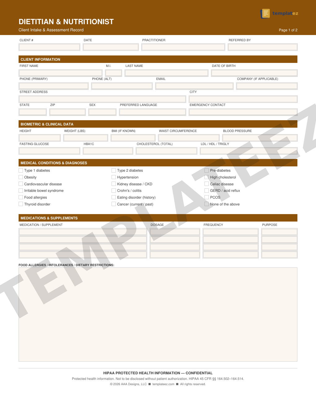 Nutrition & Dietetics intake form preview