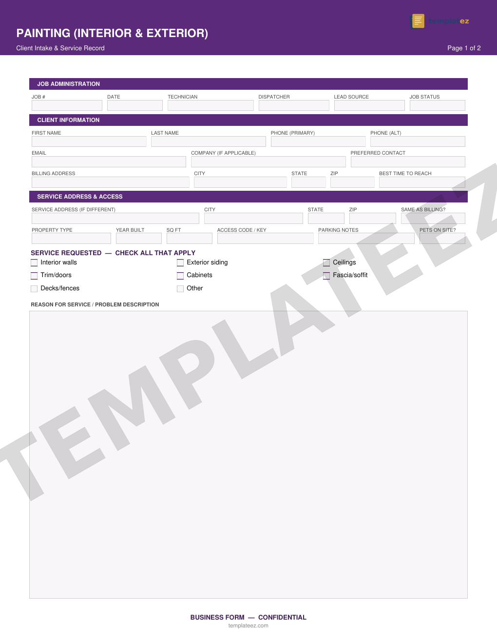 Painting (Interior & Exterior) intake form preview