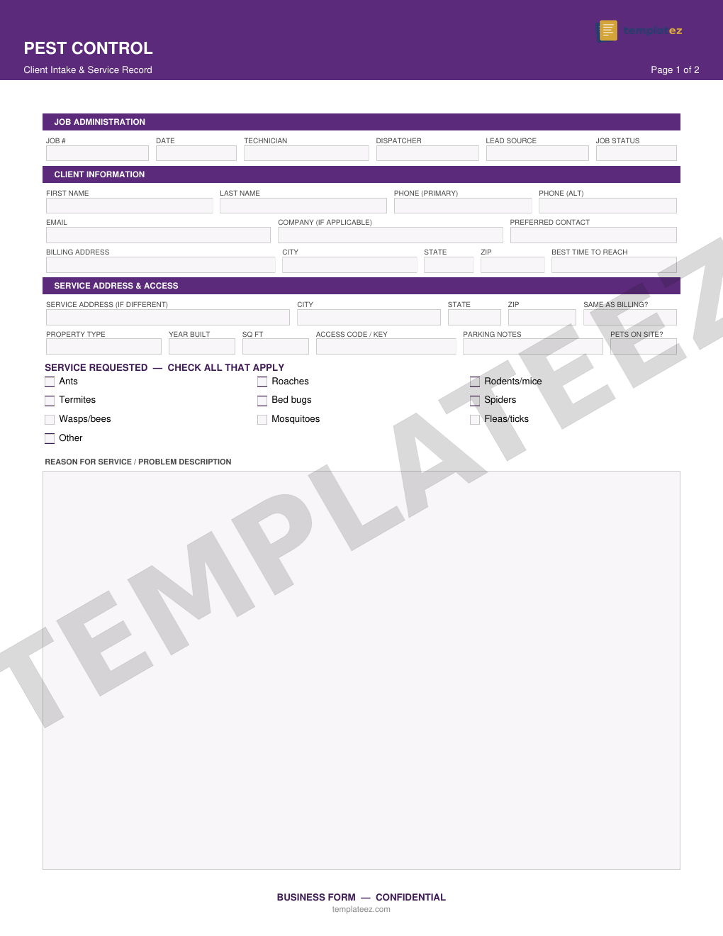 Pest Control intake form preview