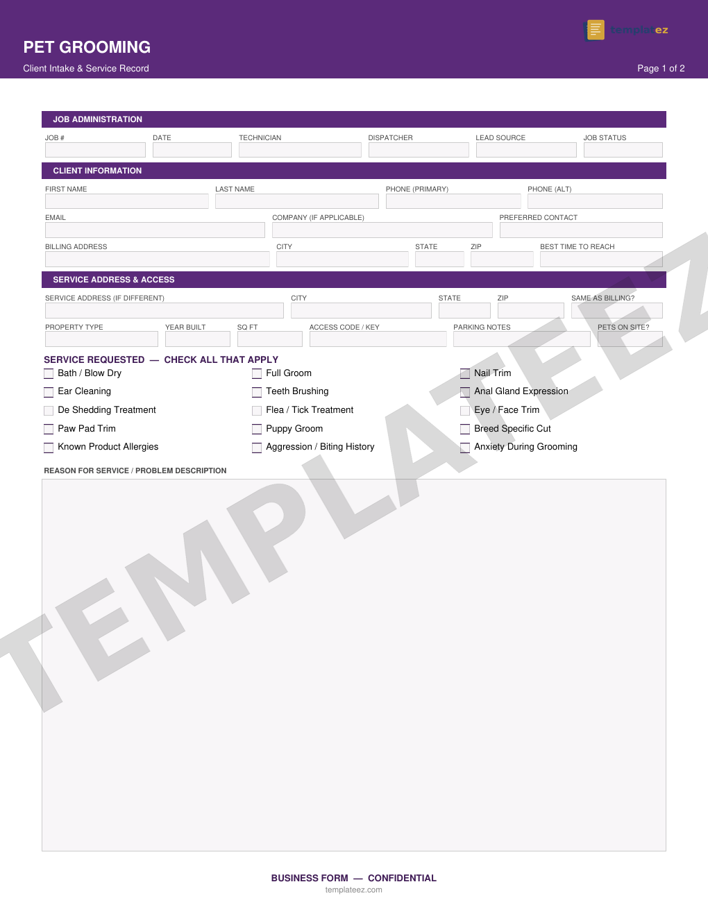 Pet Grooming intake form preview
