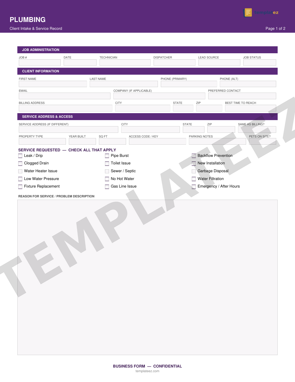 Plumbing intake form preview
