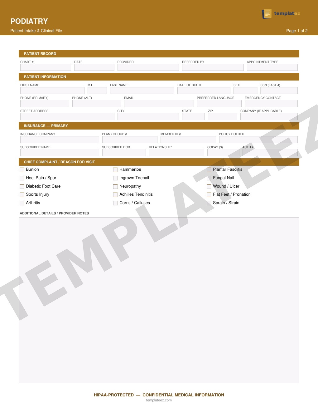 Podiatry intake form preview