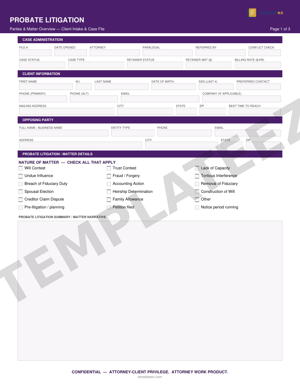 Probate Litigation intake form preview