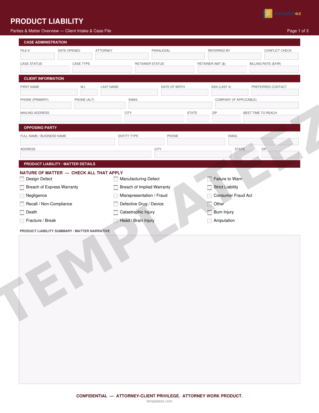 Product Liability intake form preview