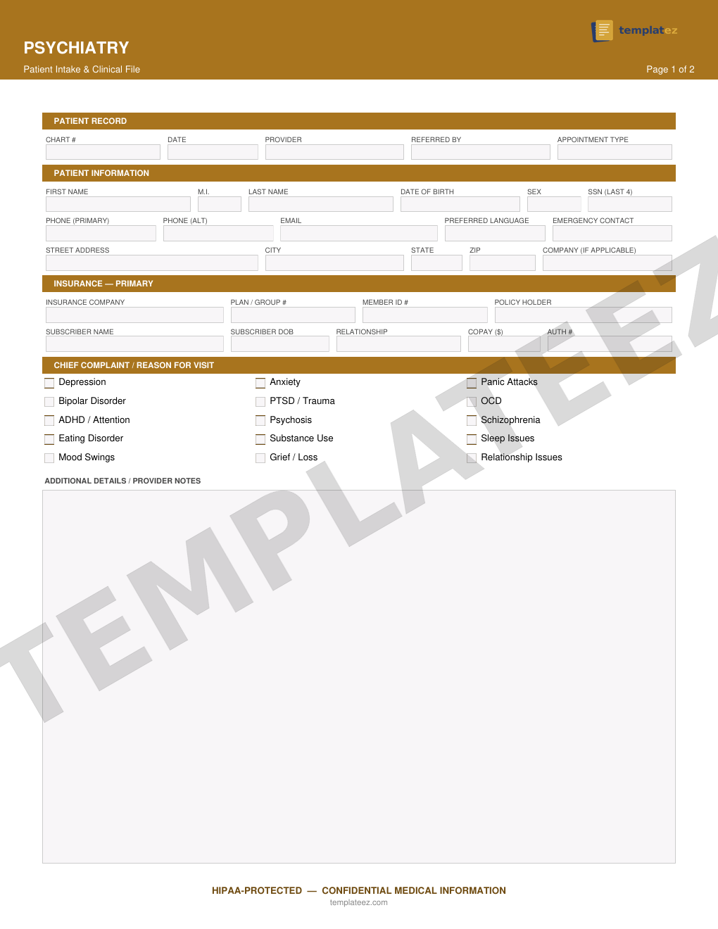 Psychiatry intake form preview
