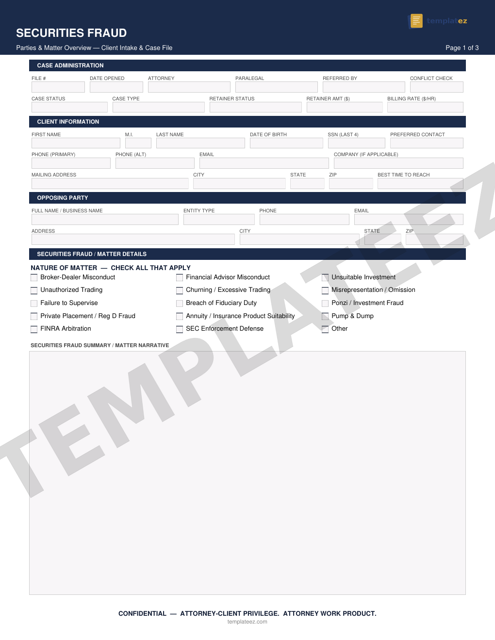 Securities Fraud intake form preview