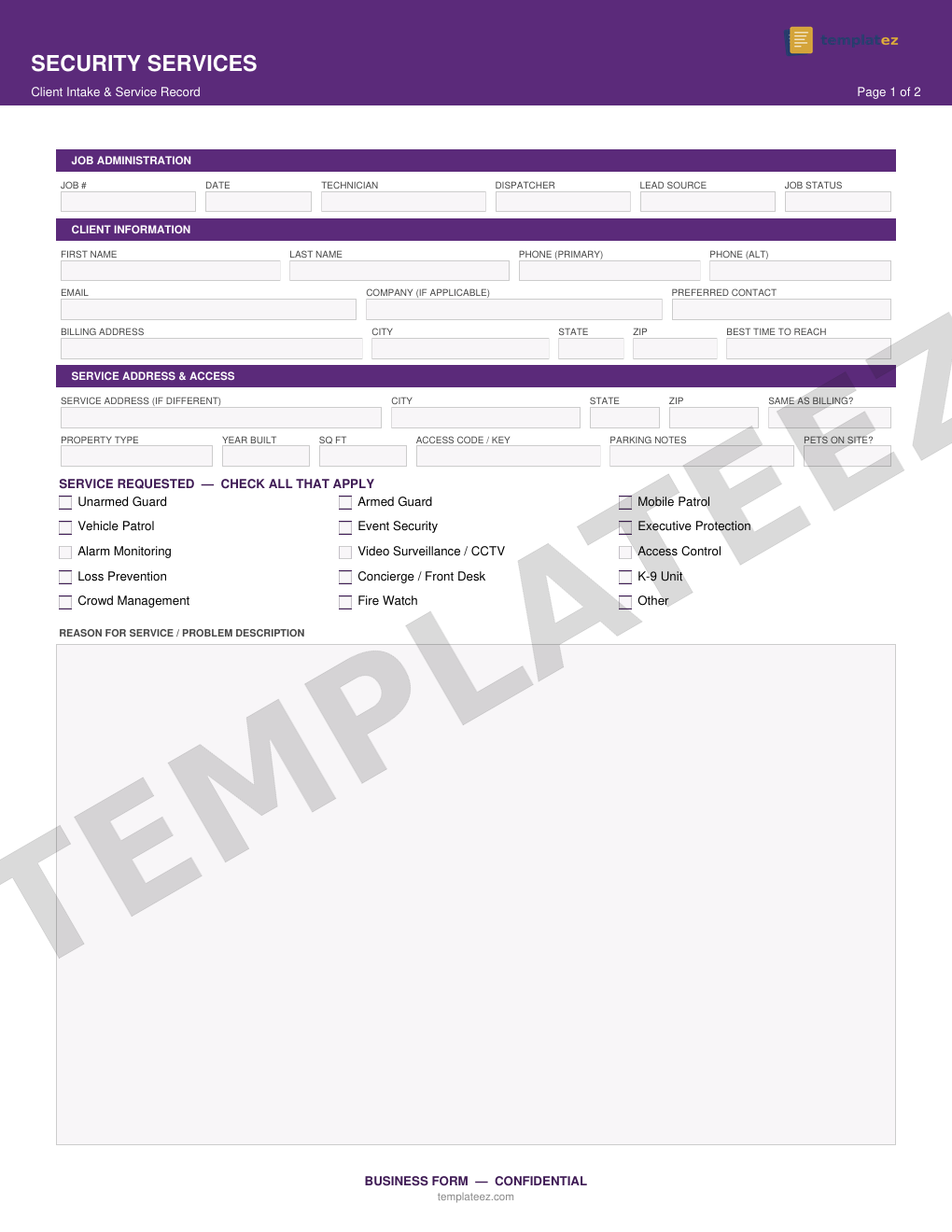Security Services intake form preview