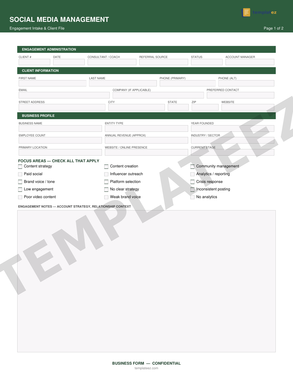 Social Media Management intake form preview