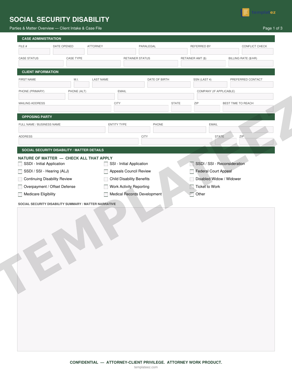 Social Security Disability intake form preview