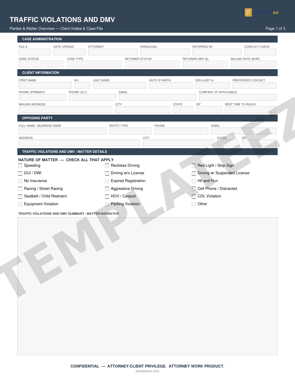Traffic Violations & DMV intake form preview