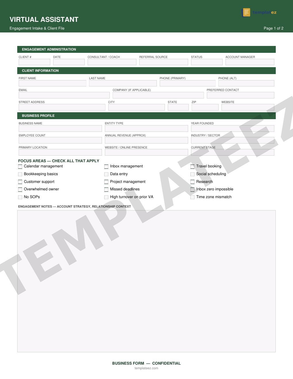 Virtual Assistant intake form preview