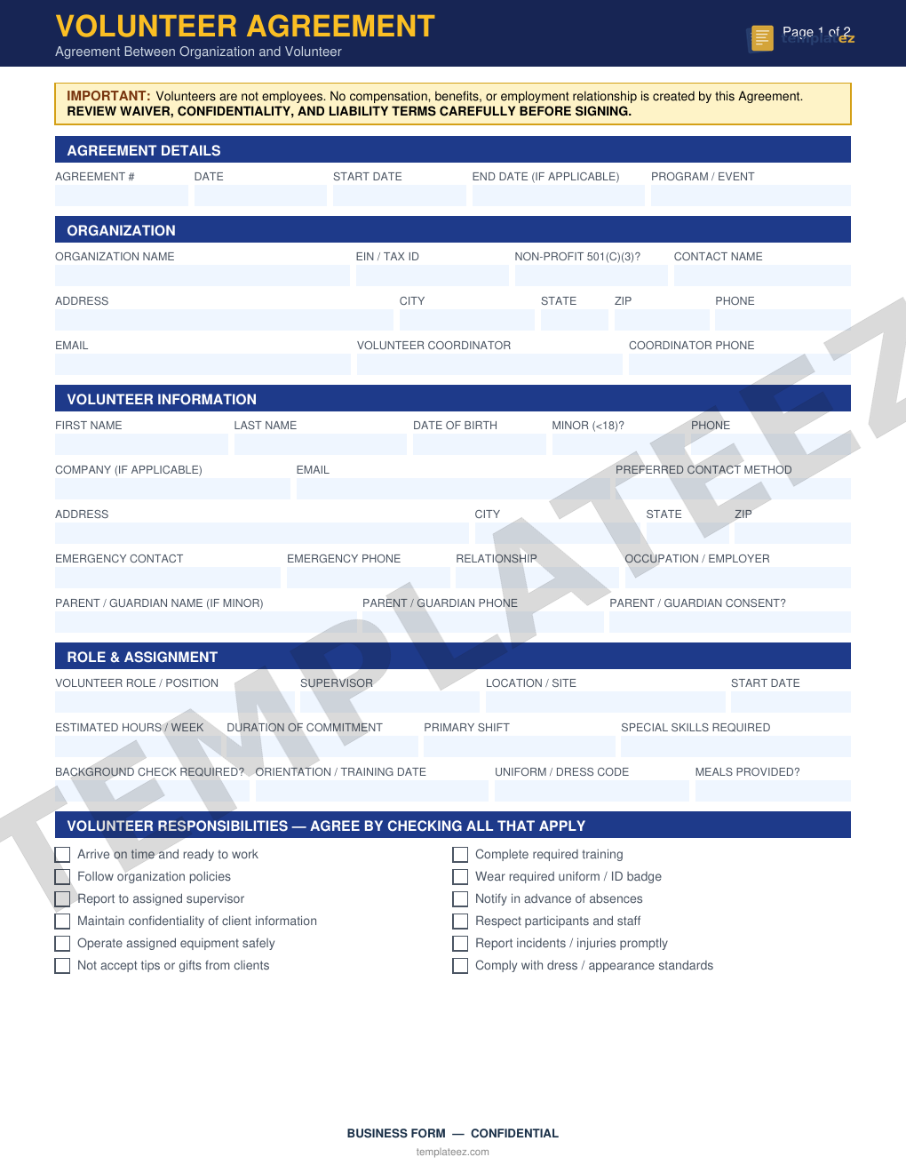 Volunteer Agreement preview