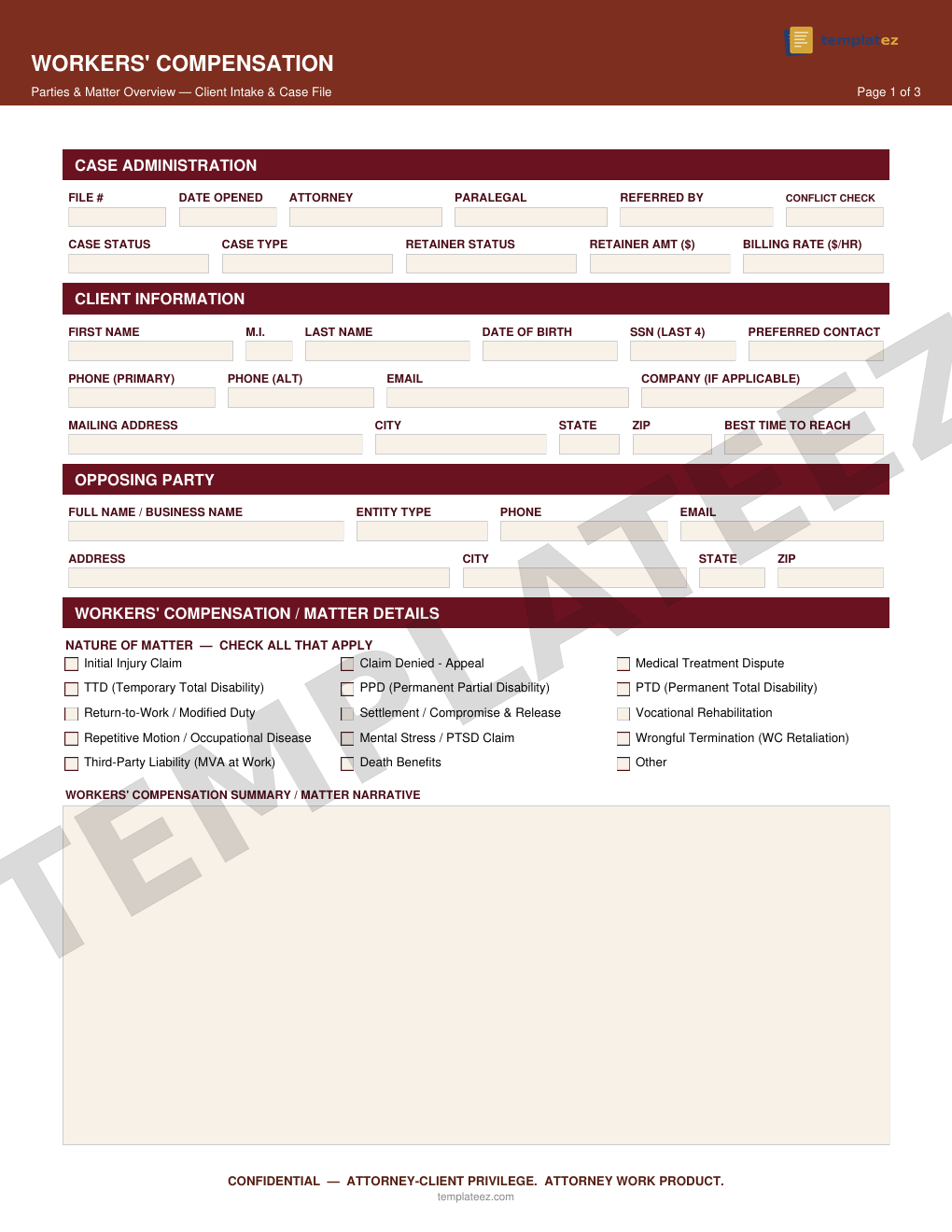 Workers Compensation intake form preview